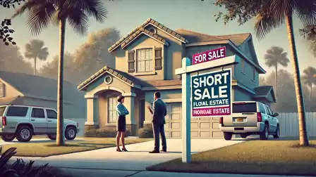 A man and a woman stand in front of a single-family home with a foreclosure sale sign in a sunny suburban area.