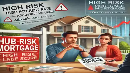 A concerned couple sits in front of a house with signs indicating high-risk mortgages. Texts like 'High Risk Mortgage' and 'Subprime Mortgage' are visible.