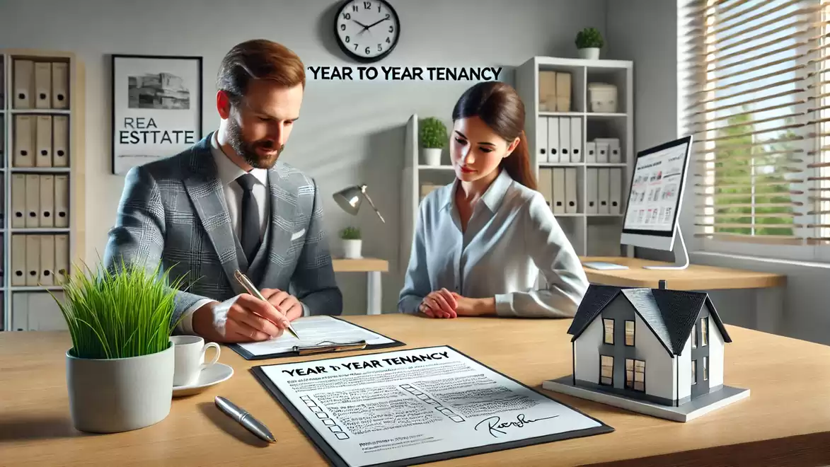 A man and a woman in an office signing a lease agreement. A miniature model of a house is on the table. Shelves with binders and a computer screen are visible in the background.