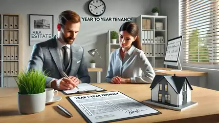 A man and a woman in an office signing a lease agreement. A miniature model of a house is on the table. Shelves with binders and a computer screen are visible in the background.
