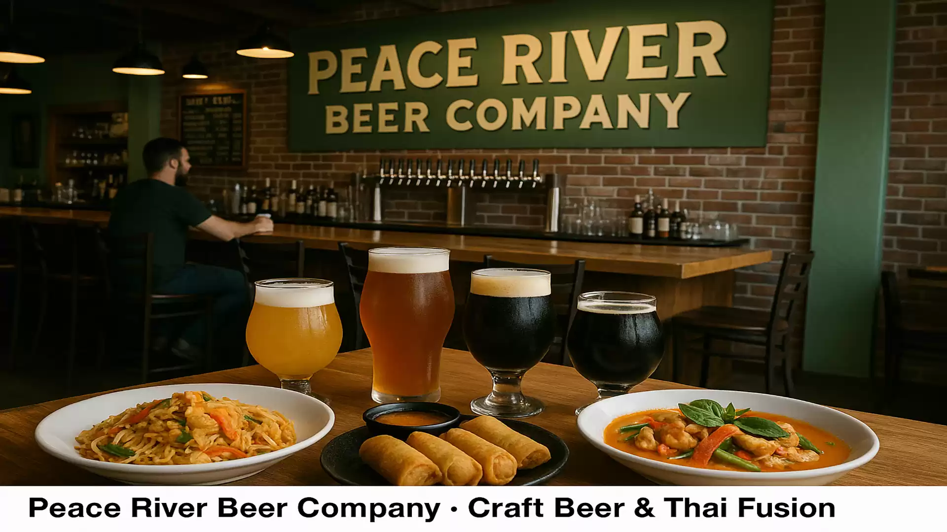Interior view of Peace River Beer Company with three glasses of craft beer, two plates of Thai food, and spring rolls in the foreground.