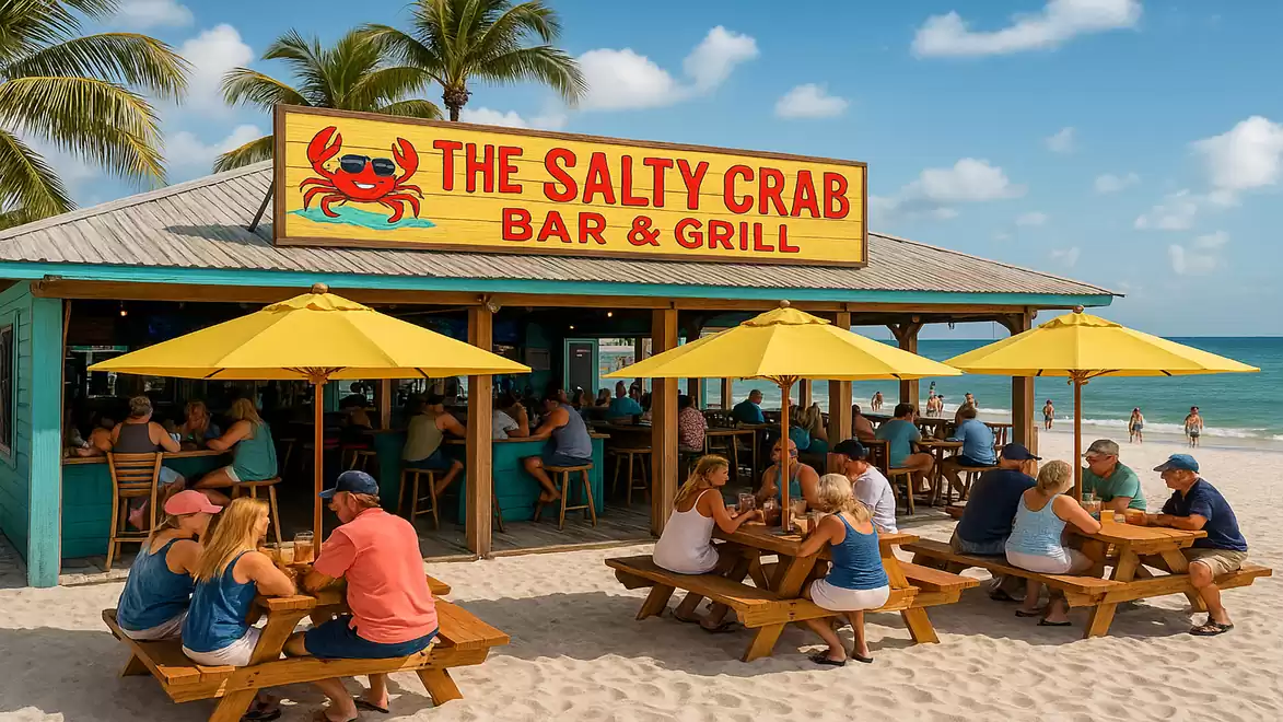 Beachside restaurant with yellow umbrellas and guests sitting at wooden picnic tables. The 'The Salty Crab Bar & Grill' sign is prominently displayed under palm trees and a blue sky.
