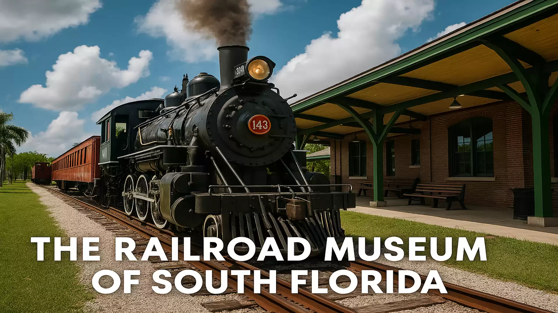 Steam locomotive in front of a station at the Railroad Museum of South Florida with blue sky and white clouds.