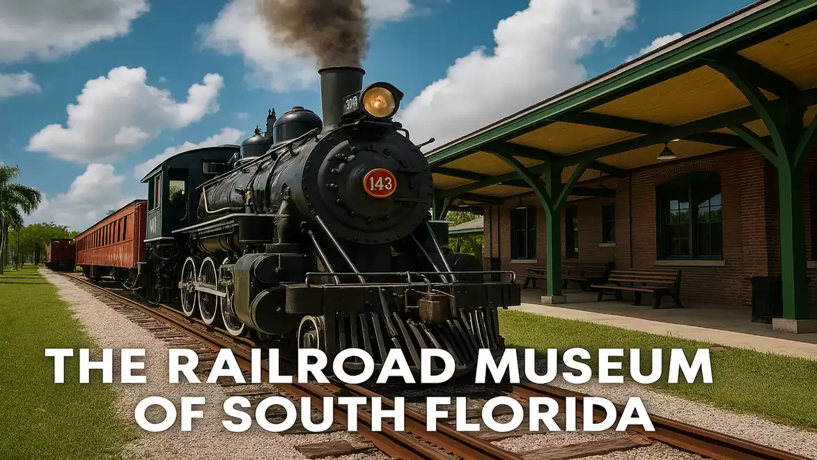 Steam locomotive in front of a station at the Railroad Museum of South Florida with blue sky and white clouds.
