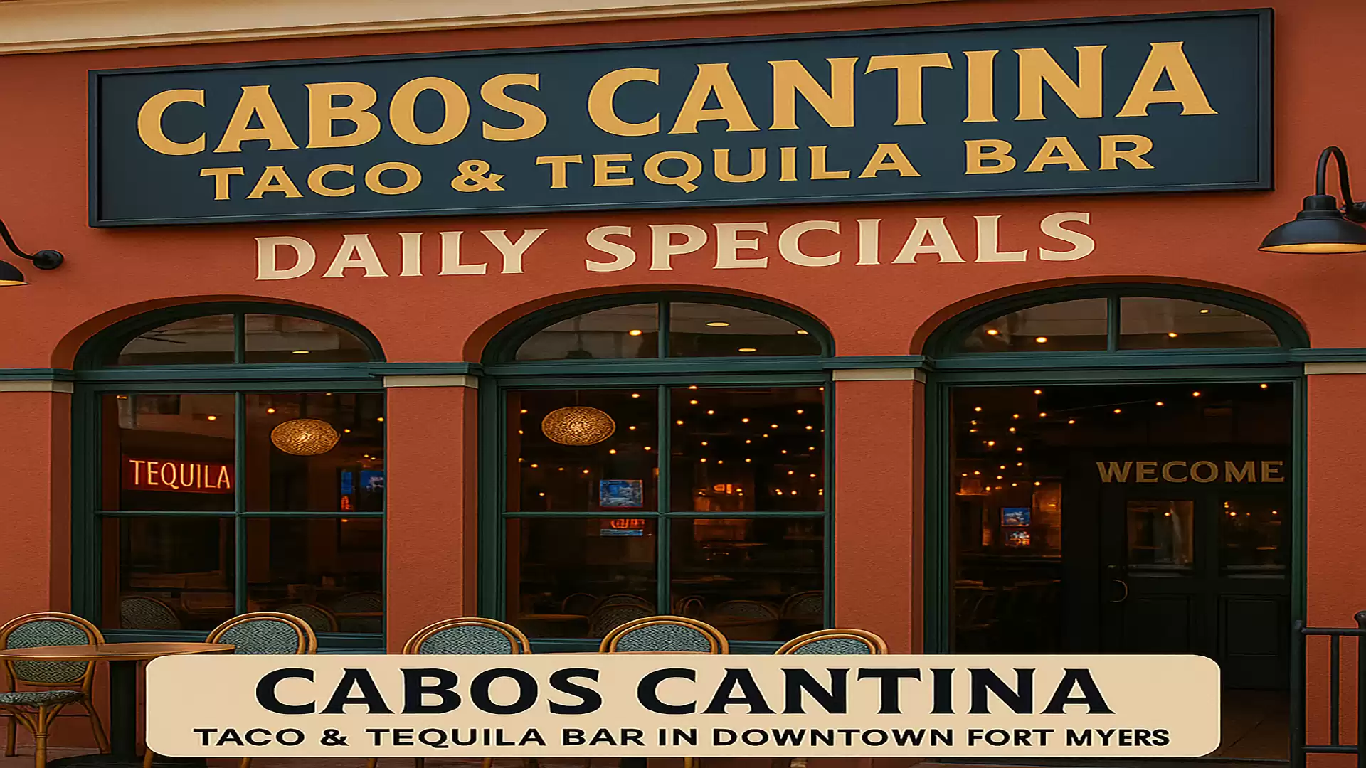 Facade of Cabos Cantina Taco & Tequila Bar with daily specials.