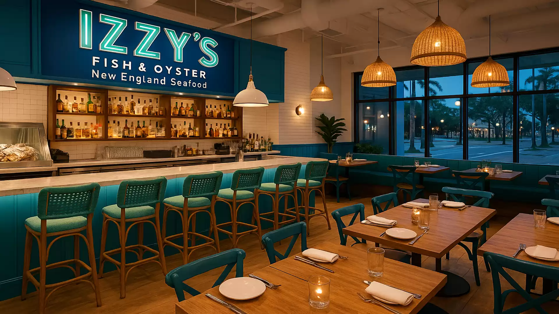 Interior of a stylish restaurant with wooden chairs and set tables, warm lighting, and a bar with blue accents.