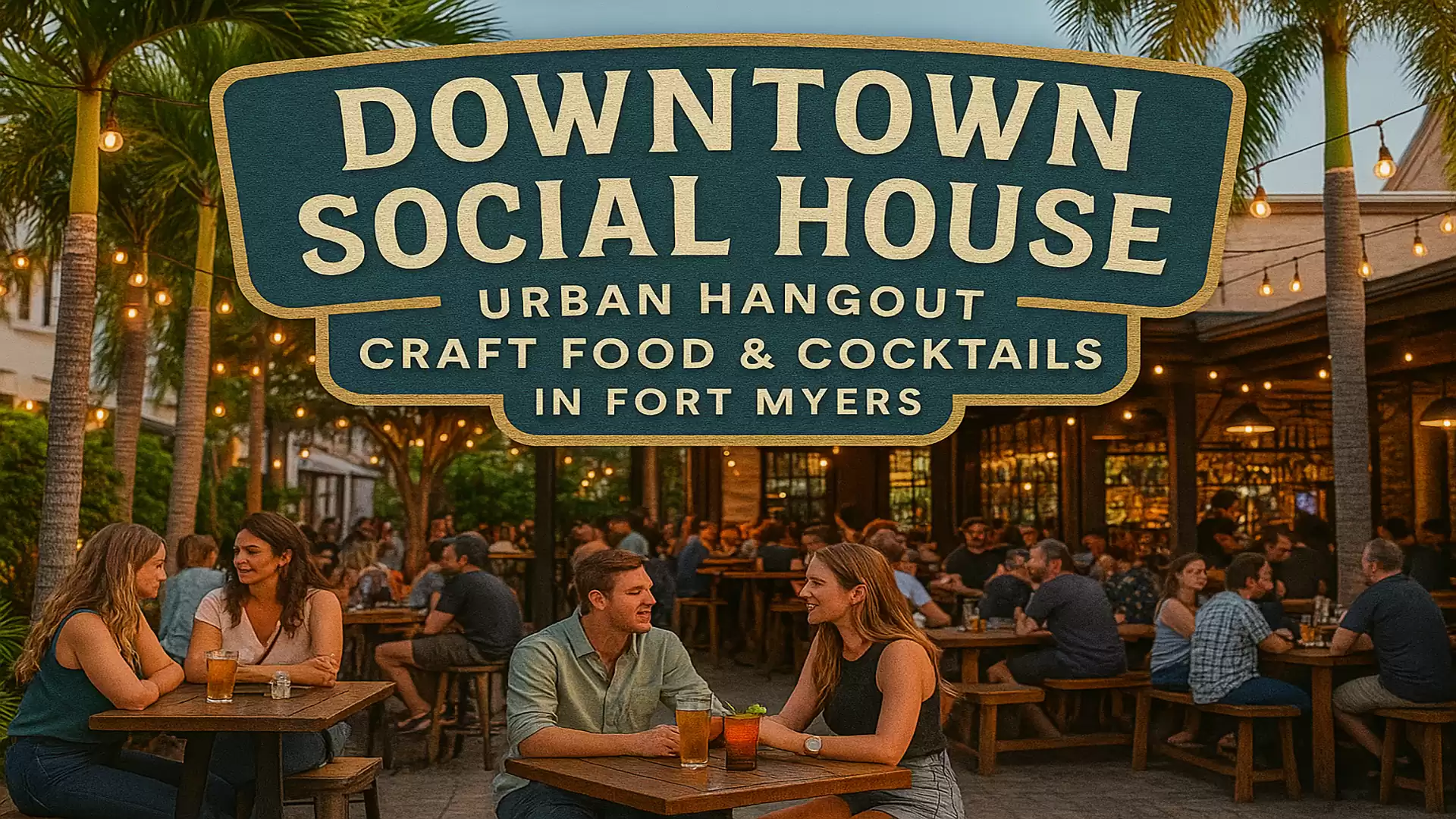 People sitting and enjoying drinks and food in the outdoor area of Downtown Social House in Fort Myers with a large promotional sign in the background.