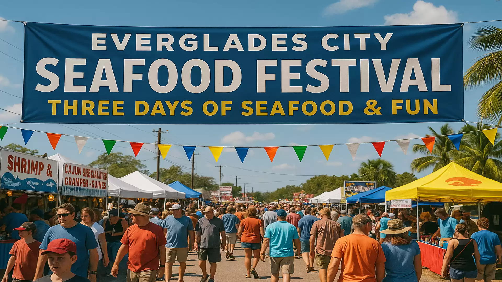 Crowds stroll under a banner reading 'Everglades City Seafood Festival: Three Days of Seafood & Fun' at a vibrant street festival with colorful stalls.