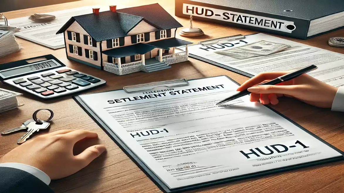 Close-up of a desk with a HUD statement, a model house, a calculator, and a hand signing a document.