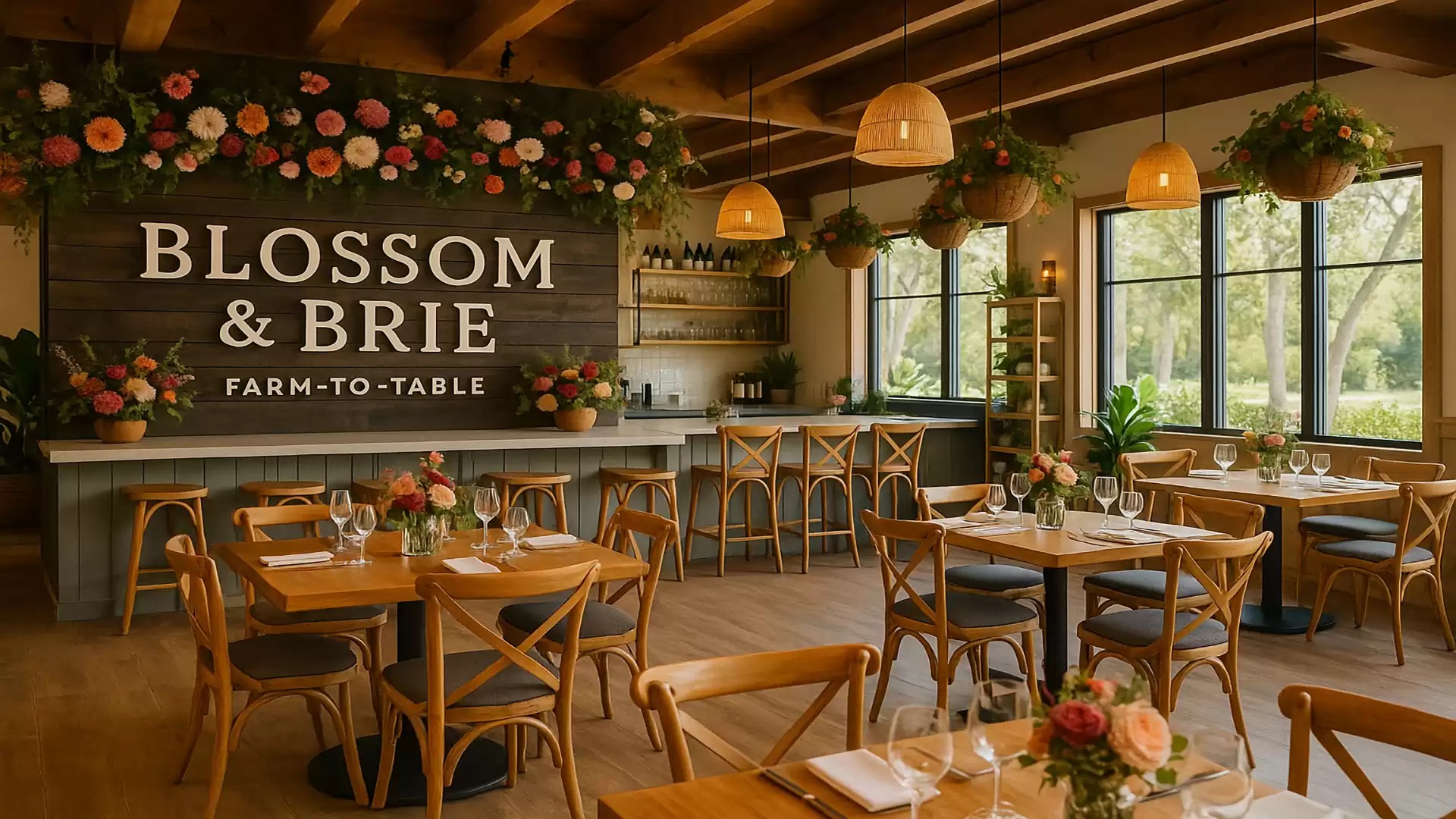 A cozy restaurant with wooden furniture and floral arrangements, featuring the sign 'Blossom & Brie Farm-to-Table'.