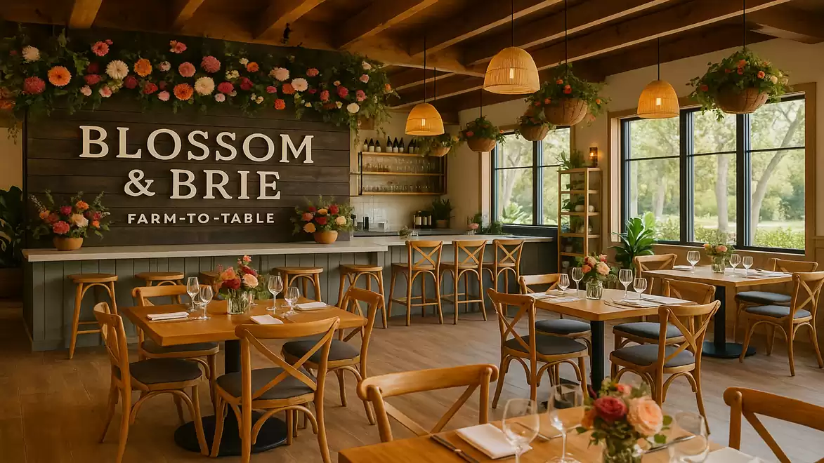 A cozy restaurant with wooden furniture and floral arrangements, featuring the sign 'Blossom & Brie Farm-to-Table'.
