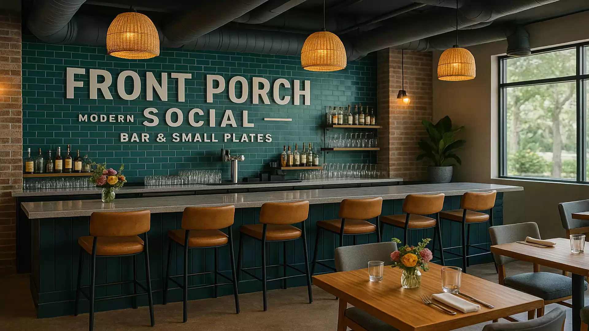 Modern bar 'Front Porch Social' with stylish decor, green tiled wall, and wooden furniture.