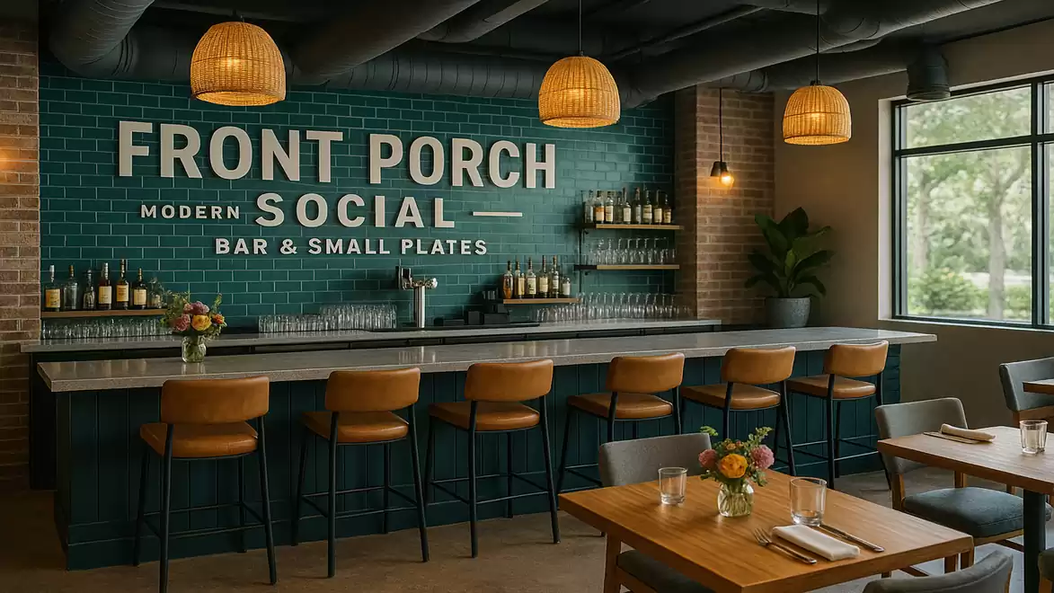 Modern bar 'Front Porch Social' with stylish decor, green tiled wall, and wooden furniture.