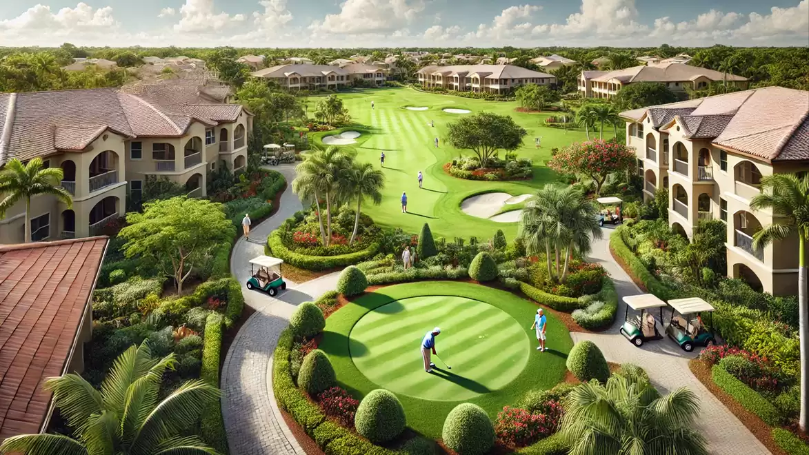 Luxurious golf course with manicured lawns surrounded by elegant apartments and lush gardens. Players on the green and golf carts visible.
