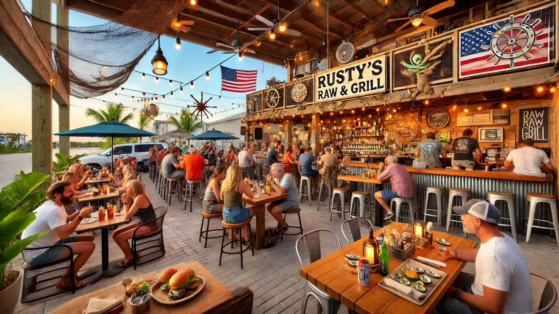 Rustic bar and grill with people sitting outside and American flag