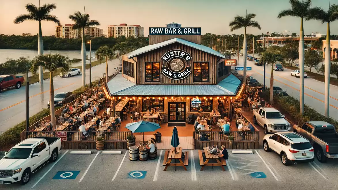 Exterior view of a busy restaurant with a terrace and many guests at sunset. The building is styled rustically and surrounded by palm trees.