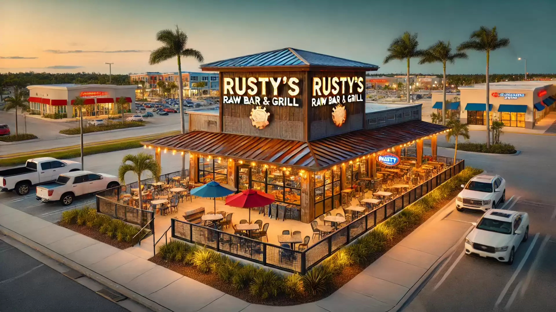 Exterior view of a lit-up bar and grill restaurant at sunset with palm trees in the background.