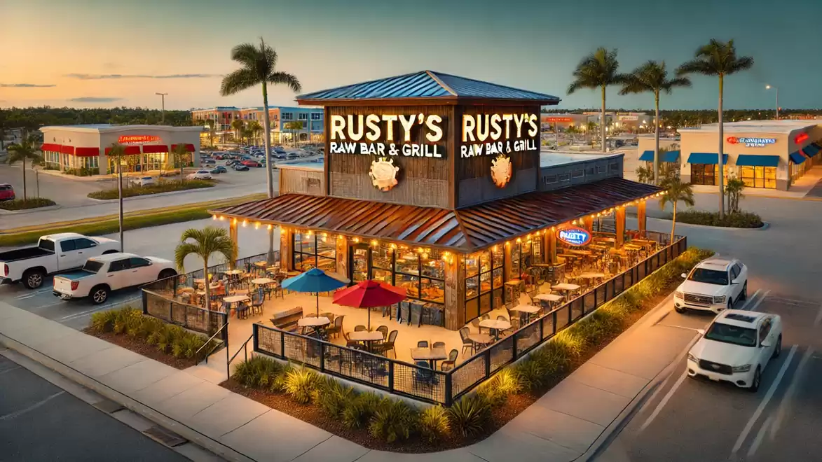 Exterior view of a lit-up bar and grill restaurant at sunset with palm trees in the background.