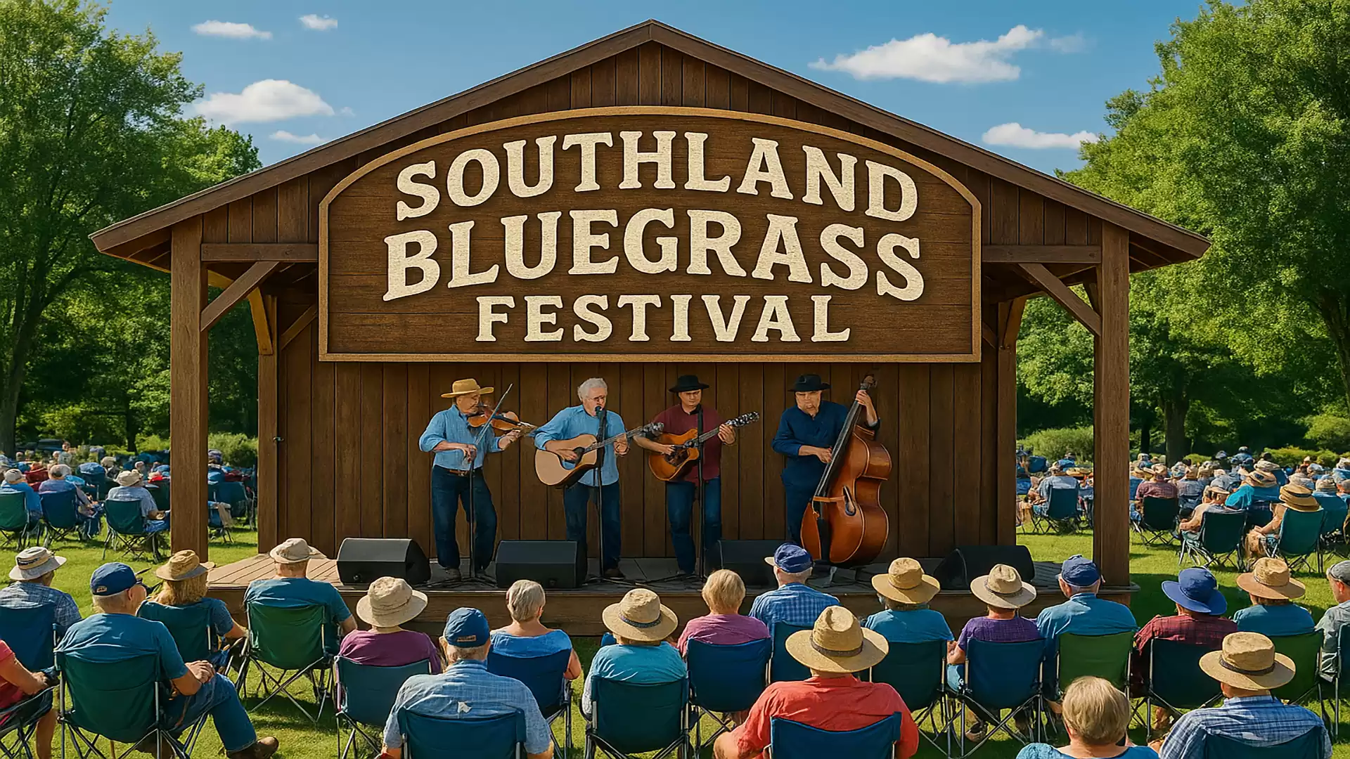 Crowds enjoy an outdoor bluegrass concert at the Southland Bluegrass Festival on a sunny meadow.