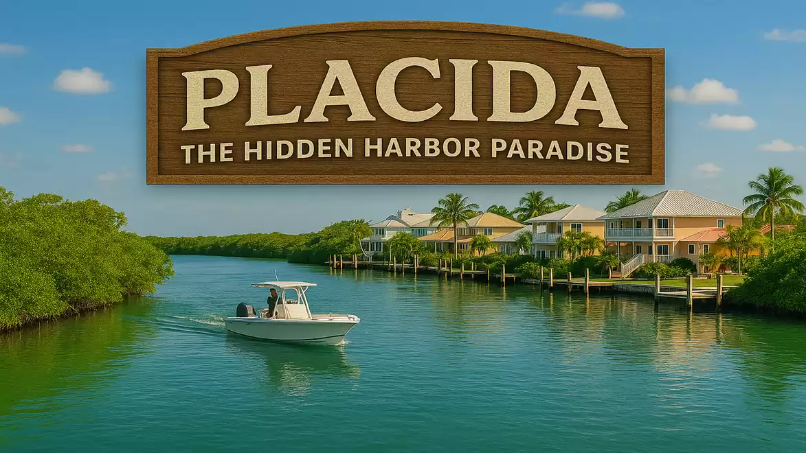 A sign with the text 'Placida - The Hidden Harbor Paradise' above a picturesque water landscape with a passing boat and modern houses in the background.