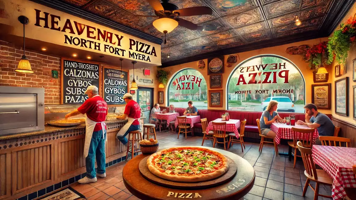 A cozy pizza restaurant with brick walls, decorative ceiling tiles, and red and white checkered tablecloths. A fresh pizza is on a table in the middle of the room. Guests are sitting at tables enjoying their meals while staff work at the counter.