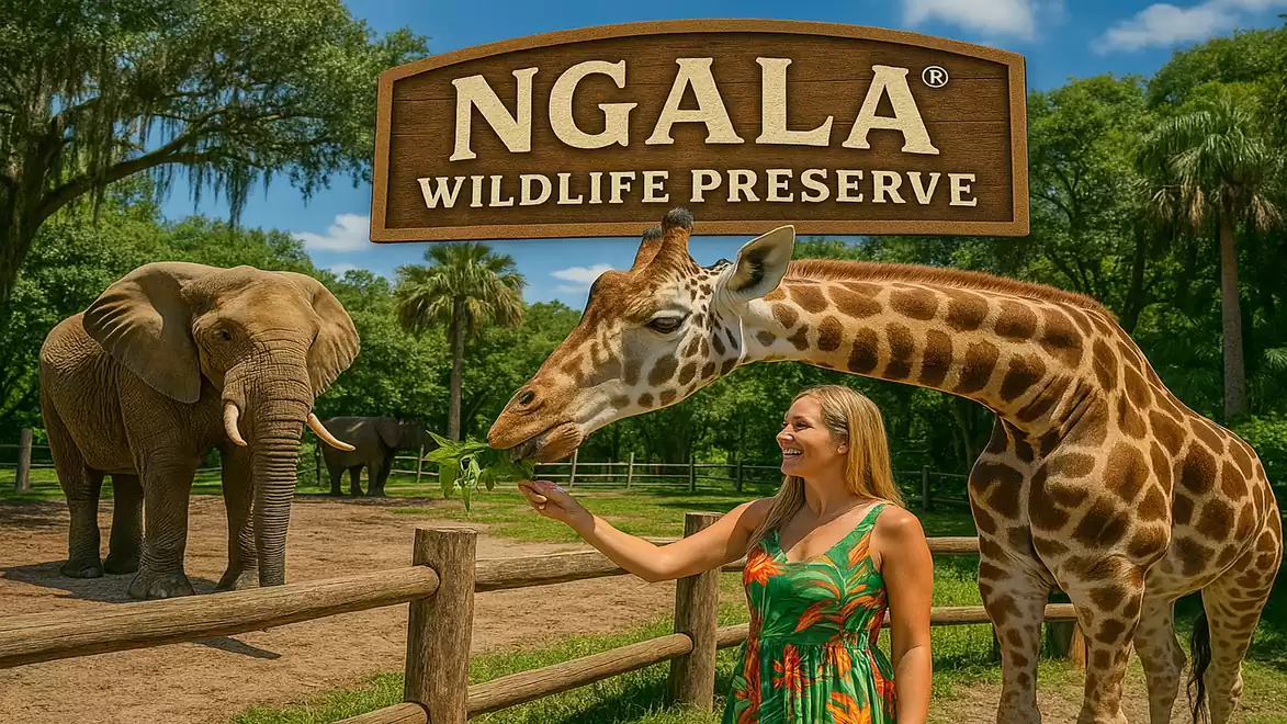 A woman feeds a giraffe at Ngala Wildlife Preserve. An elephant is visible in the background under a blue sky.