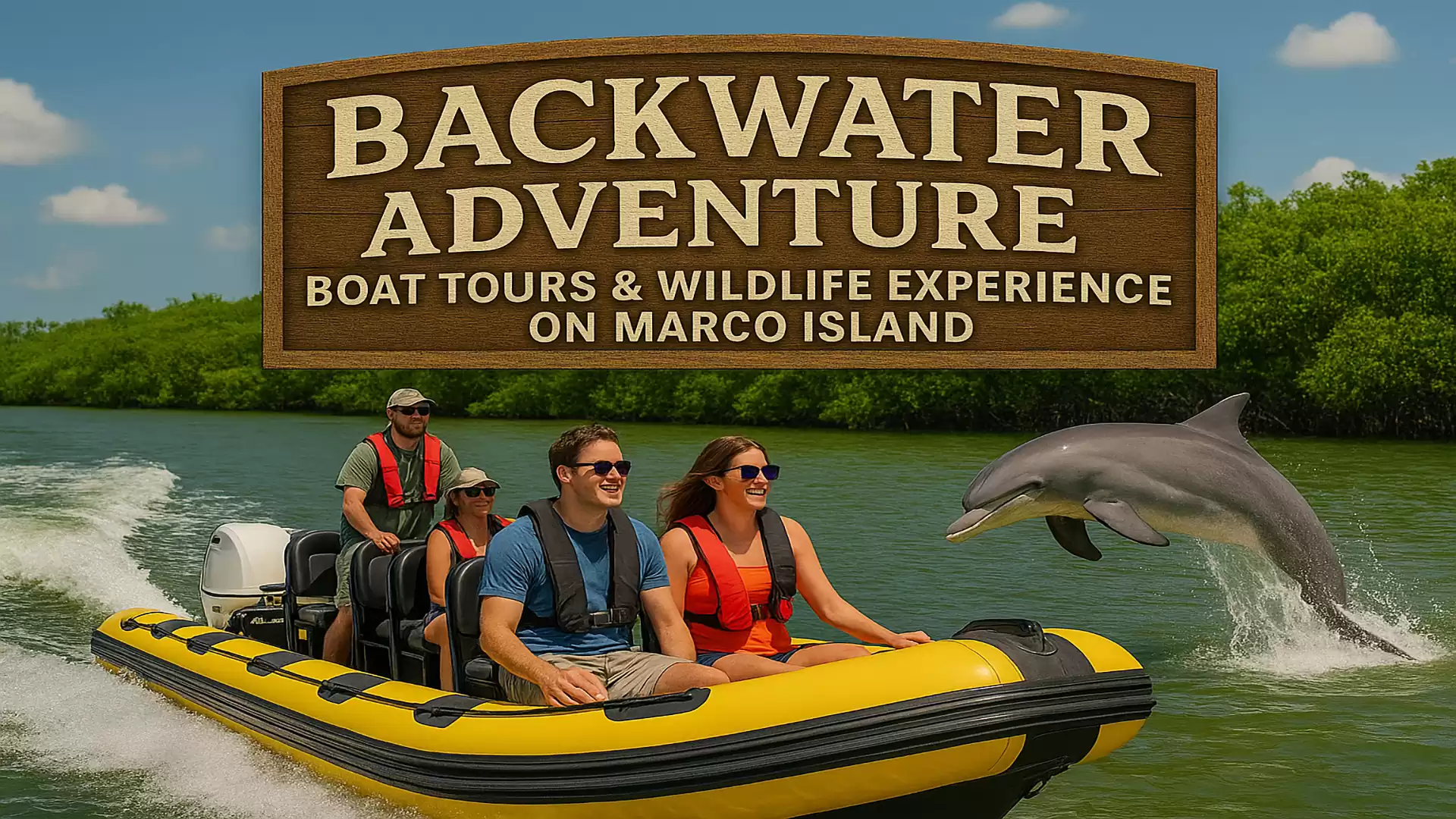 People enjoying a boat tour in a yellow inflatable boat with a jumping dolphin in the water. Behind them is lush green vegetation and a sign that reads 'Backwater Adventure'.