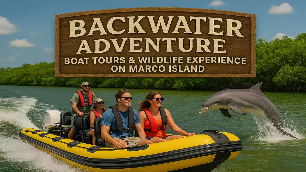 People enjoying a boat tour in a yellow inflatable boat with a jumping dolphin in the water. Behind them is lush green vegetation and a sign that reads 'Backwater Adventure'.