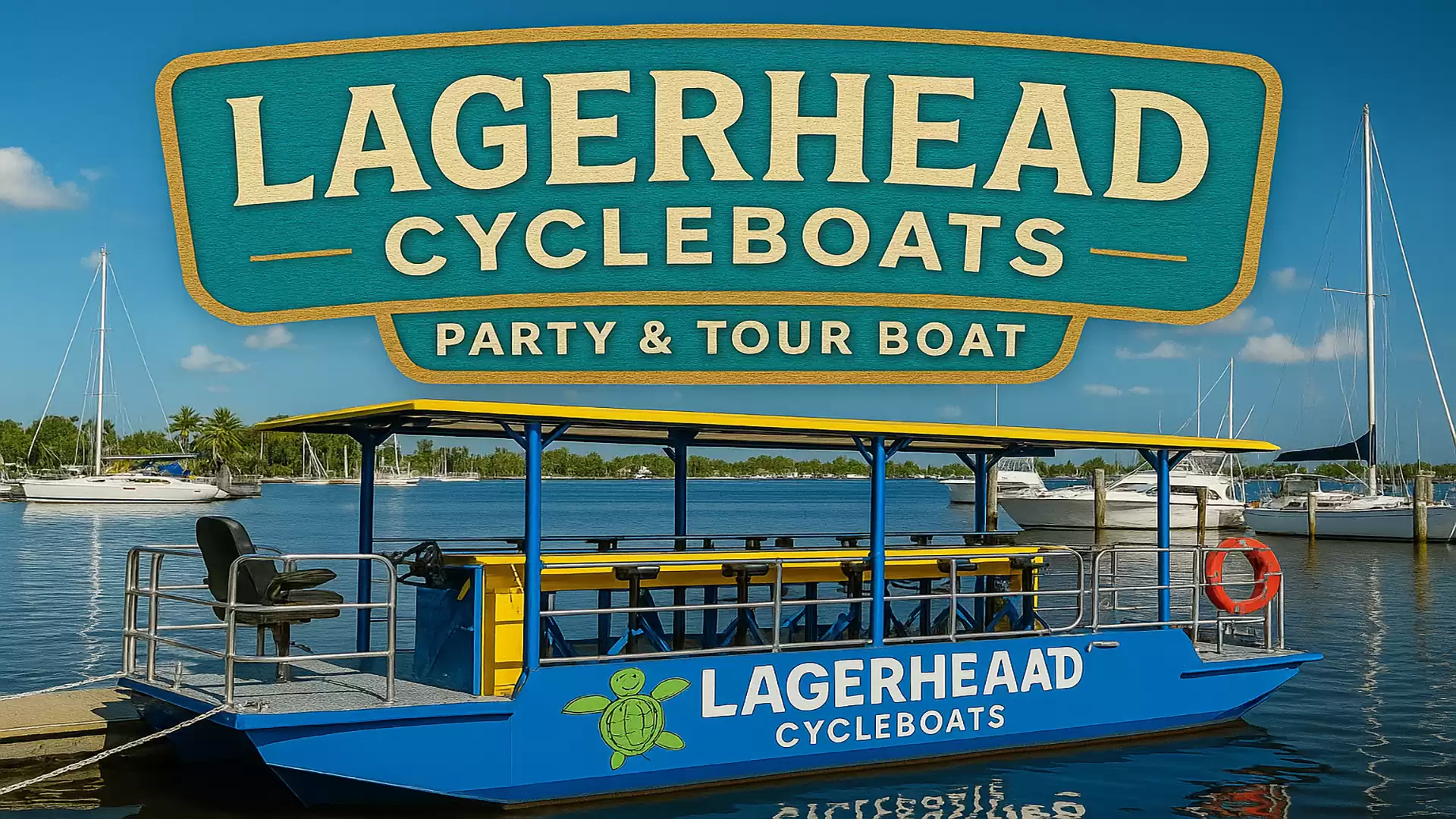 A blue party and tour boat from Lagerhead Cycleboats docked in the harbor. It is a watercraft for cycling together on water.