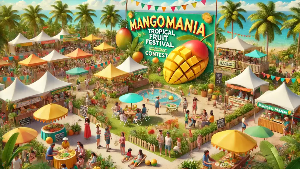 A bustling tropical festival with a sign announcing Mangomania and Tropical Fruit Festival Contest. Many stalls and people celebrating in a lively atmosphere under palm trees.