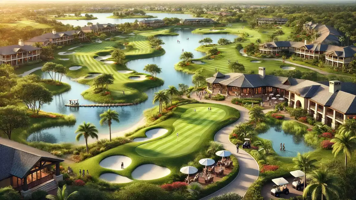 Aerial view of a luxurious golf course with green fairways, water hazards, and elegant clubhouses, surrounded by lush vegetation.