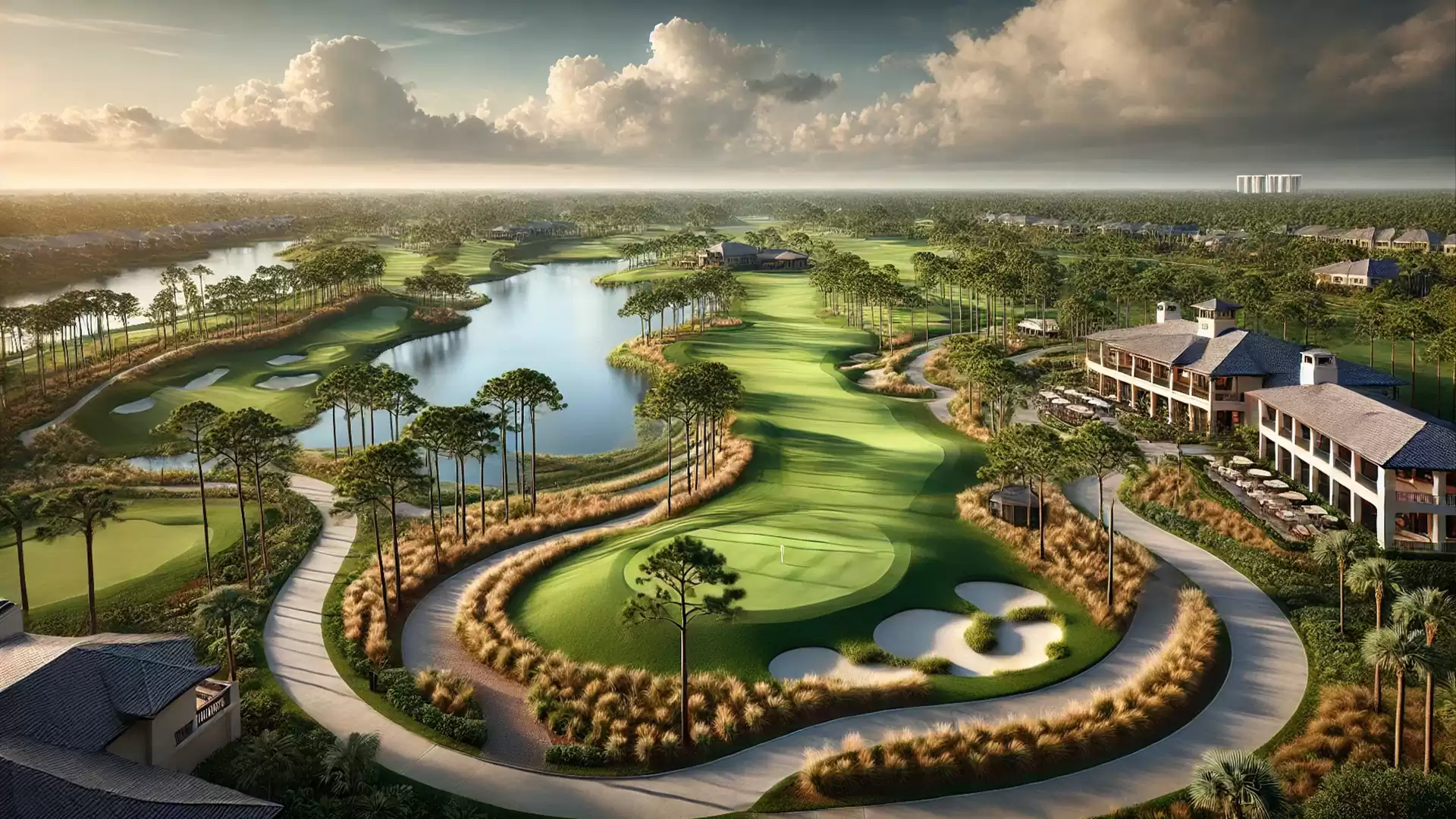 A picturesque golf course landscape at sunset with lush greenery, a tranquil lake, and a clubhouse on the right side of the image.
