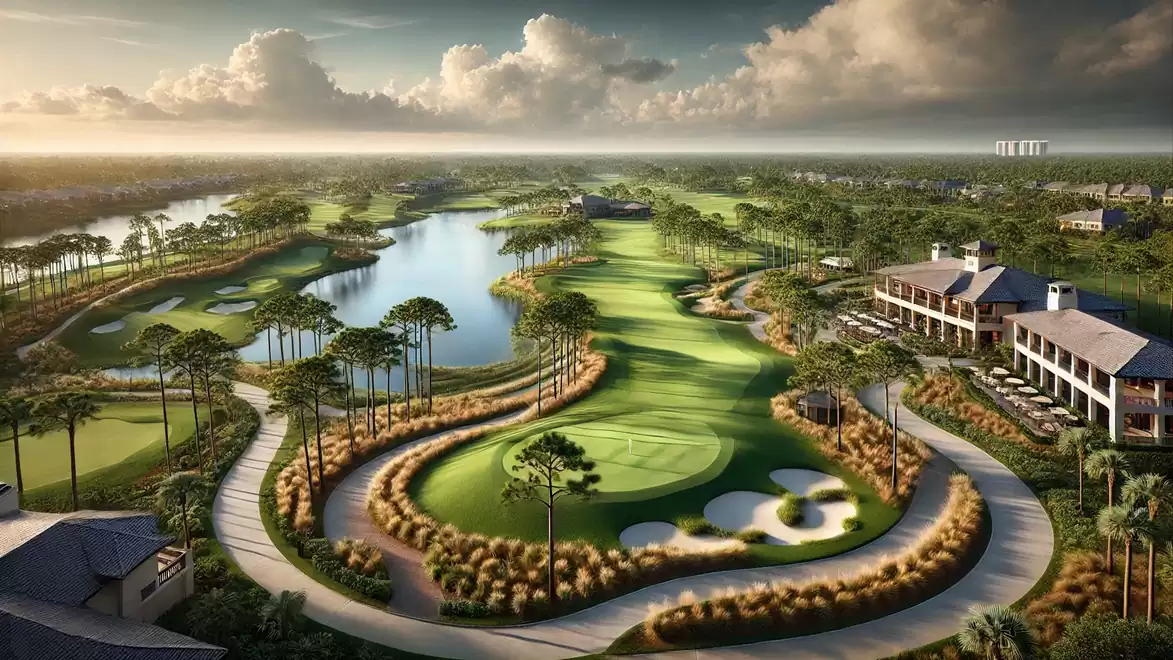 A picturesque golf course landscape at sunset with lush greenery, a tranquil lake, and a clubhouse on the right side of the image.