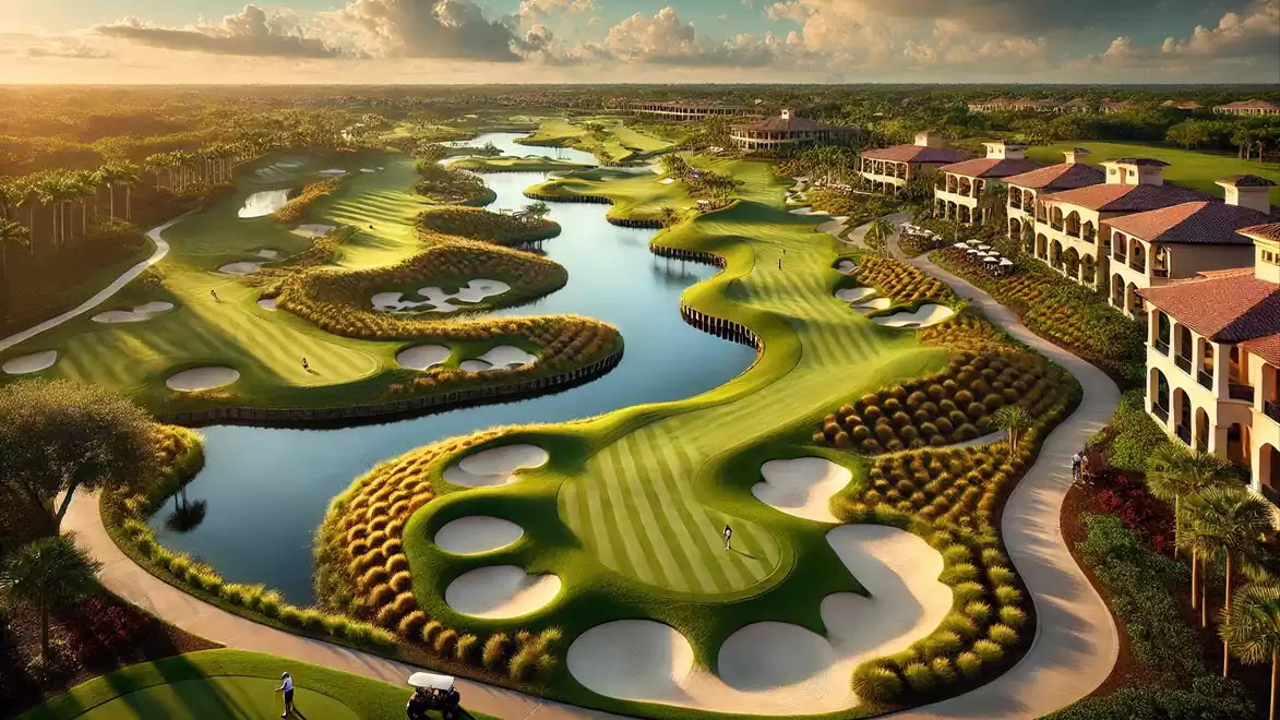 Luxurious golf course with water hazards and villas in the background at sunset.
