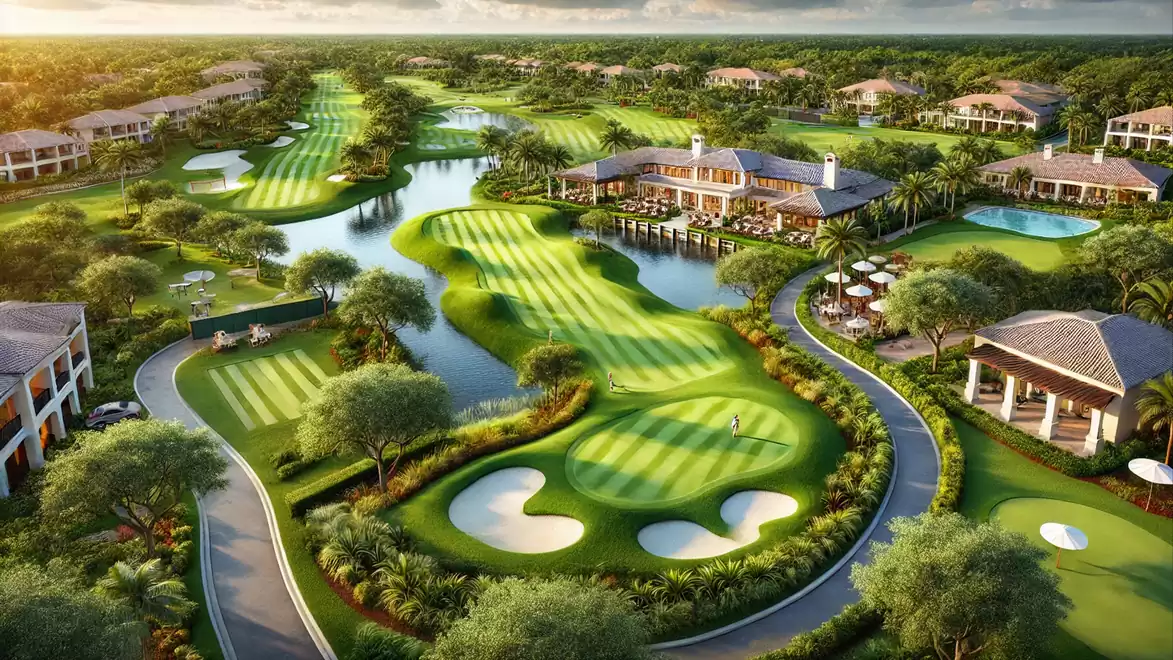 Aerial view of a luxurious golf course with well-maintained greens, water hazards, and elegant clubhouses in the background.