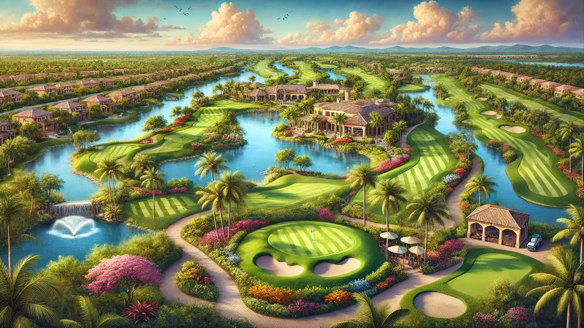 Aerial view of a picturesque golf course with lakes, palm trees, and a beautiful landscape in the background.