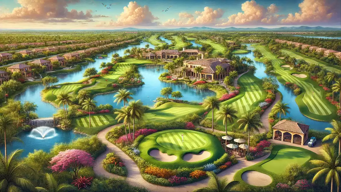 Aerial view of a picturesque golf course with lakes, palm trees, and a beautiful landscape in the background.