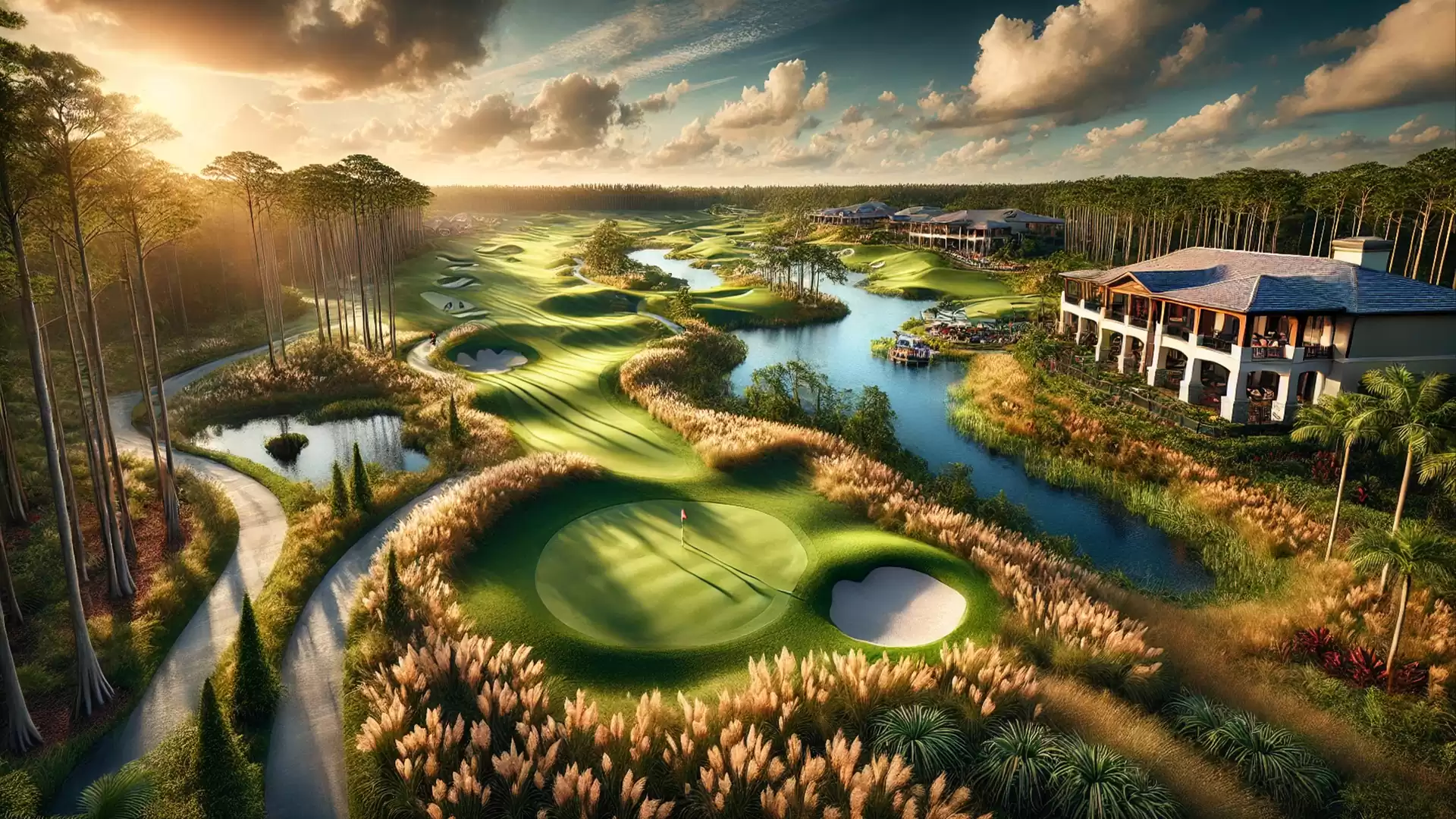 Scenic view of a golf course at sunset with lush vegetation and a clubhouse in the background.