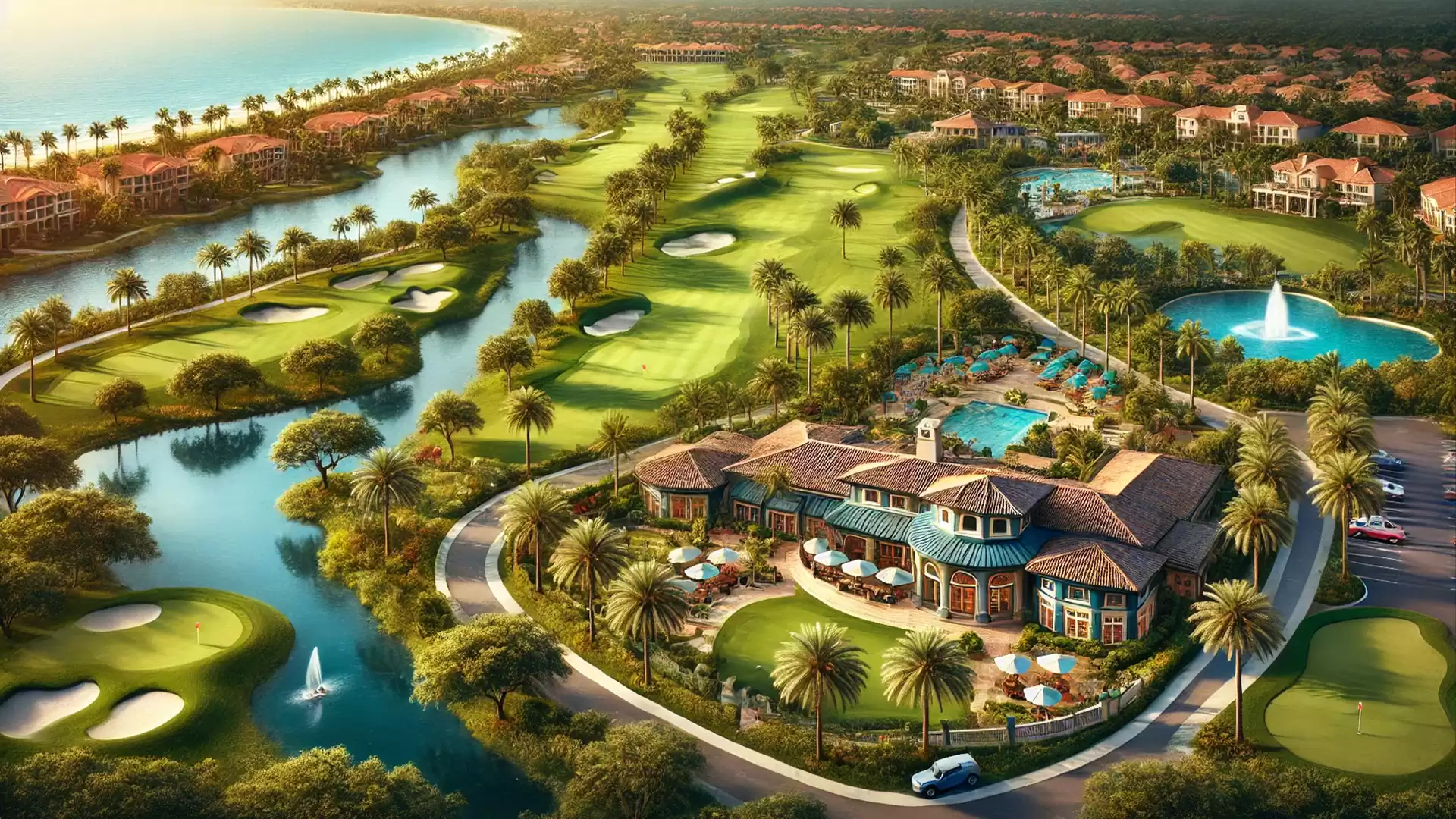 Aerial view of a luxurious golf resort with clubhouse, pools, golf courses, and surrounding residential area.