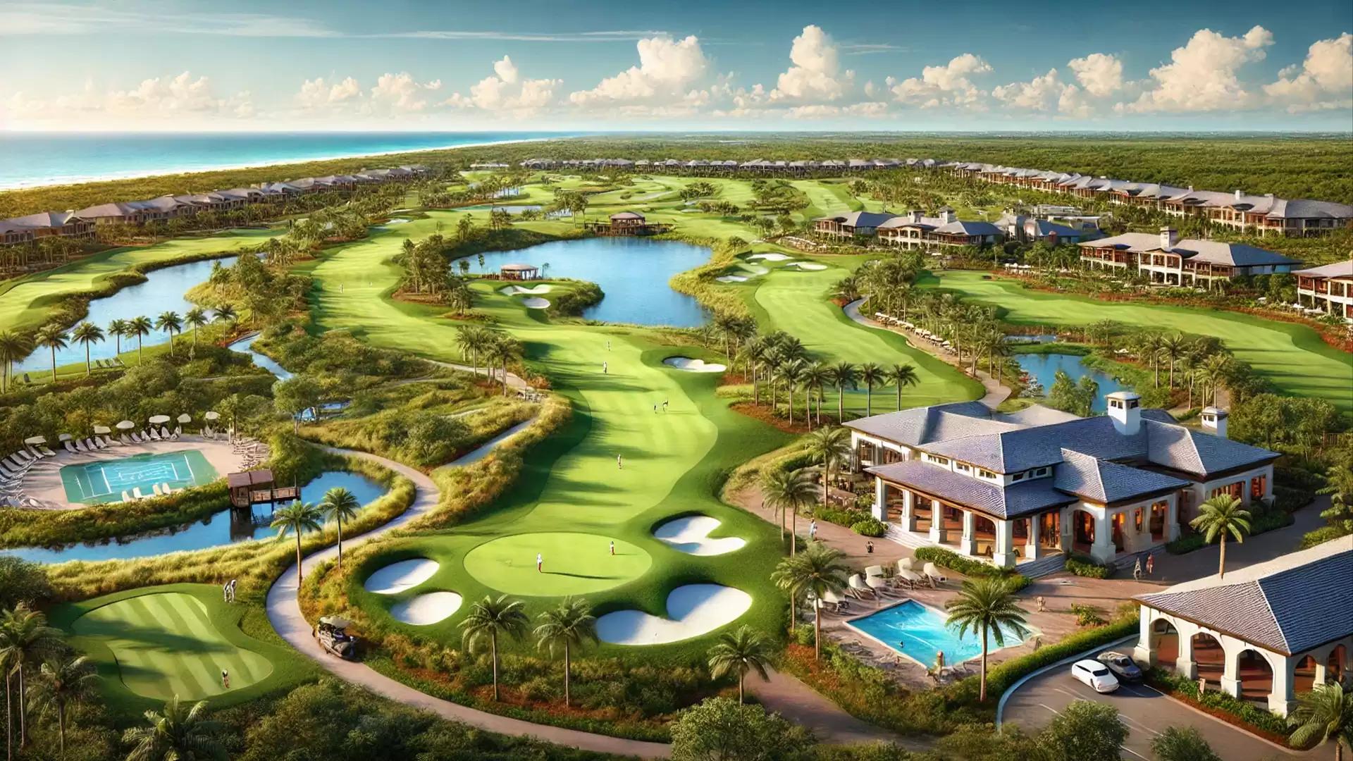 Expansive golf course with clubhouse, lakes, and manicured greens in a tropical setting.