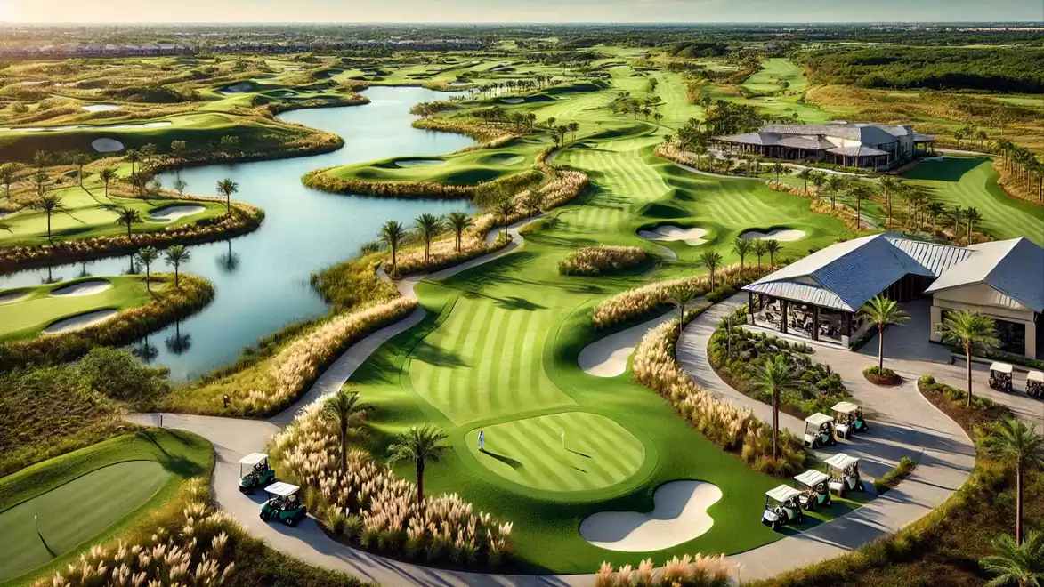 Aerial view of a picturesque golf course with green fairways, water hazards, and a modern clubhouse.