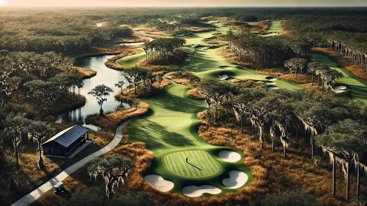 Aerial view of a scenic golf course surrounded by trees and waterways, featuring a well-maintained green and a building at the edge.