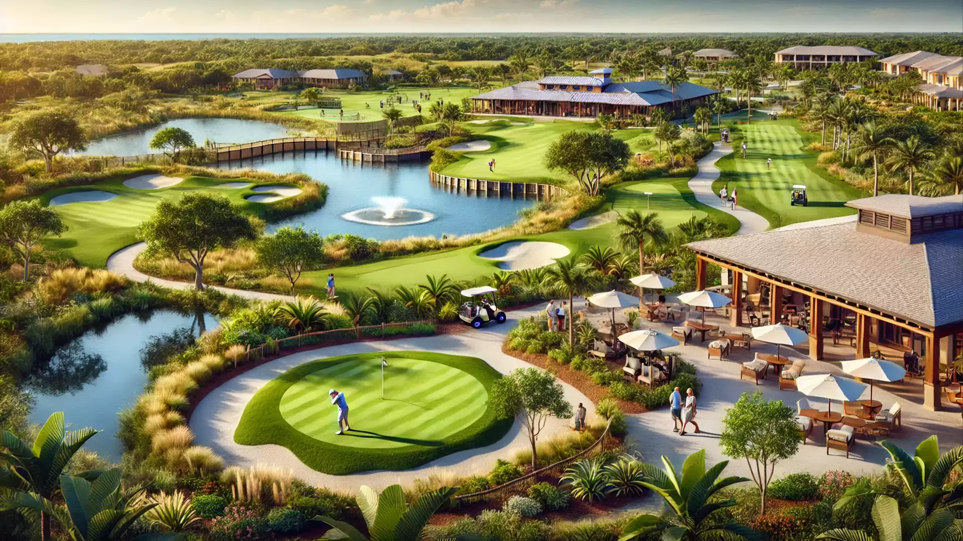 Aerial view of an expansive golf course with several water hazards and a modern clubhouse with a terrace.