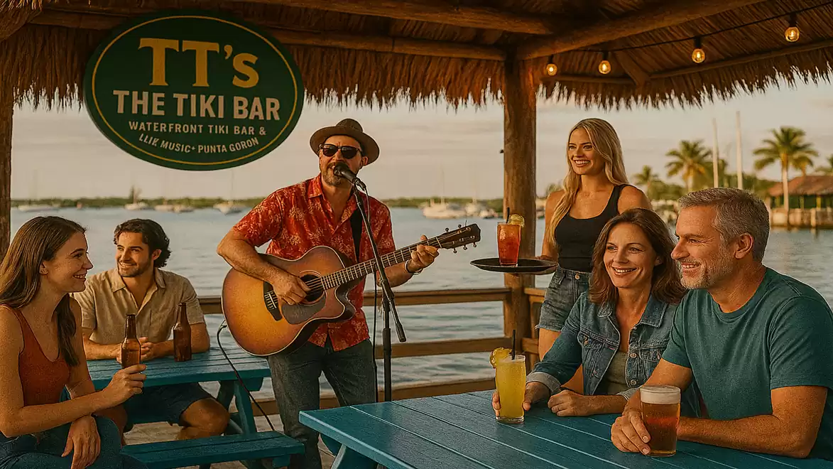 People relaxing at a waterfront tiki bar, a musician playing guitar.