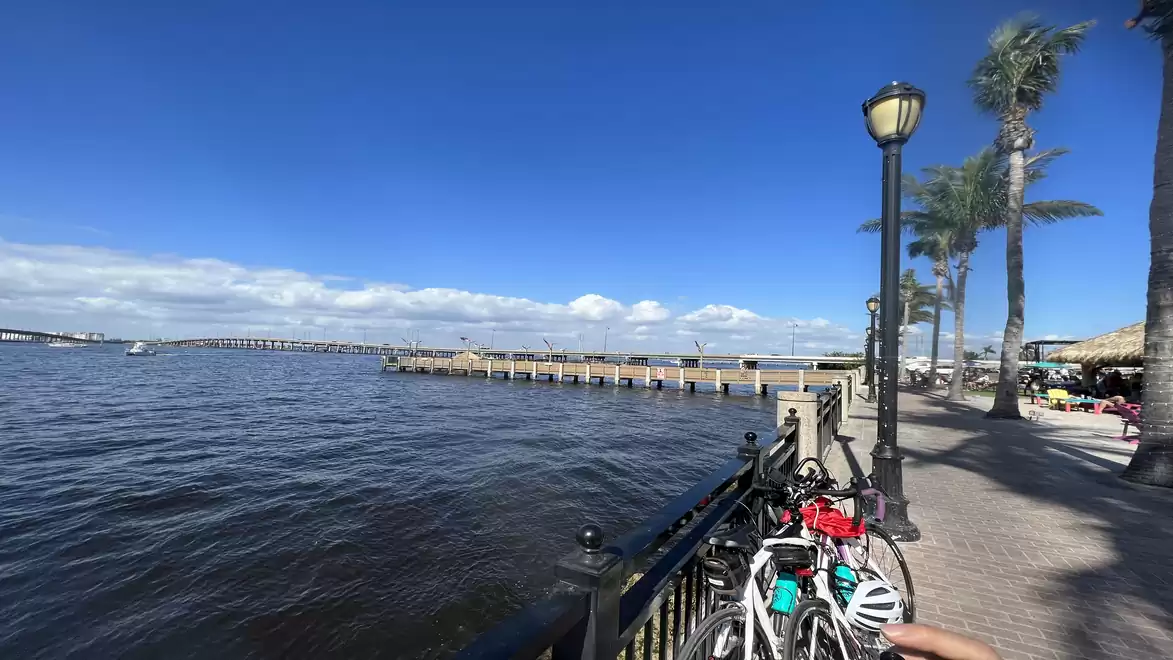 A sunny day by the water with a promenade, bicycles in the foreground, palm trees, and a bridge in the background.