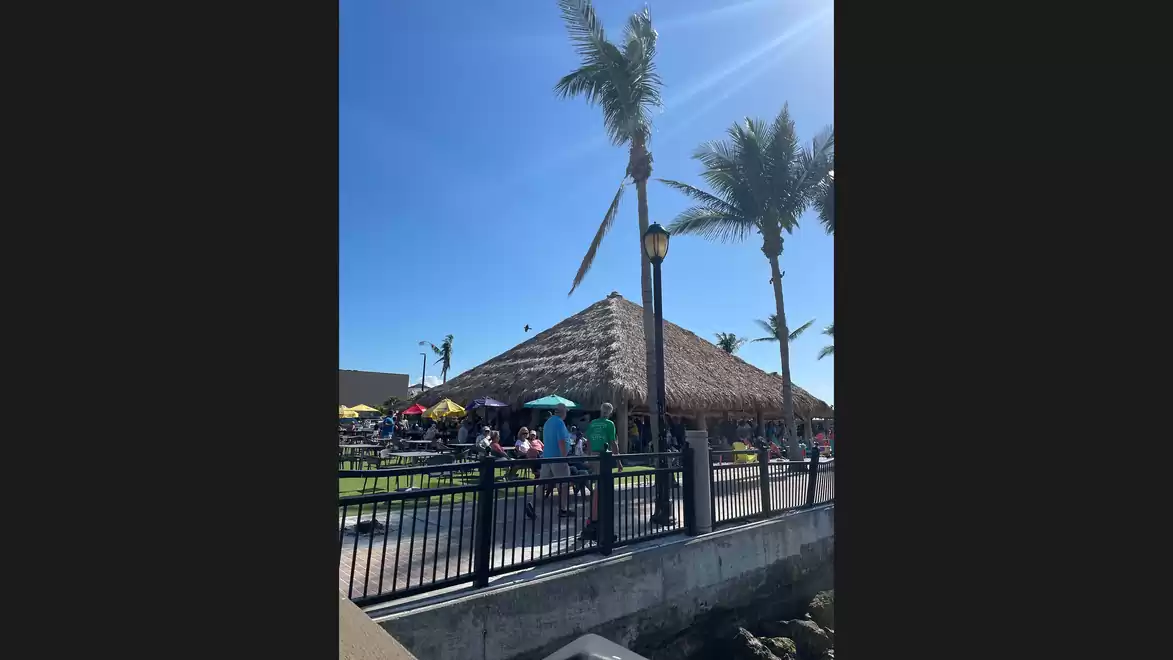 Sunny scene with a thatched roof building and tall palm trees outdoors. People stand under colorful umbrellas, enjoying the weather.