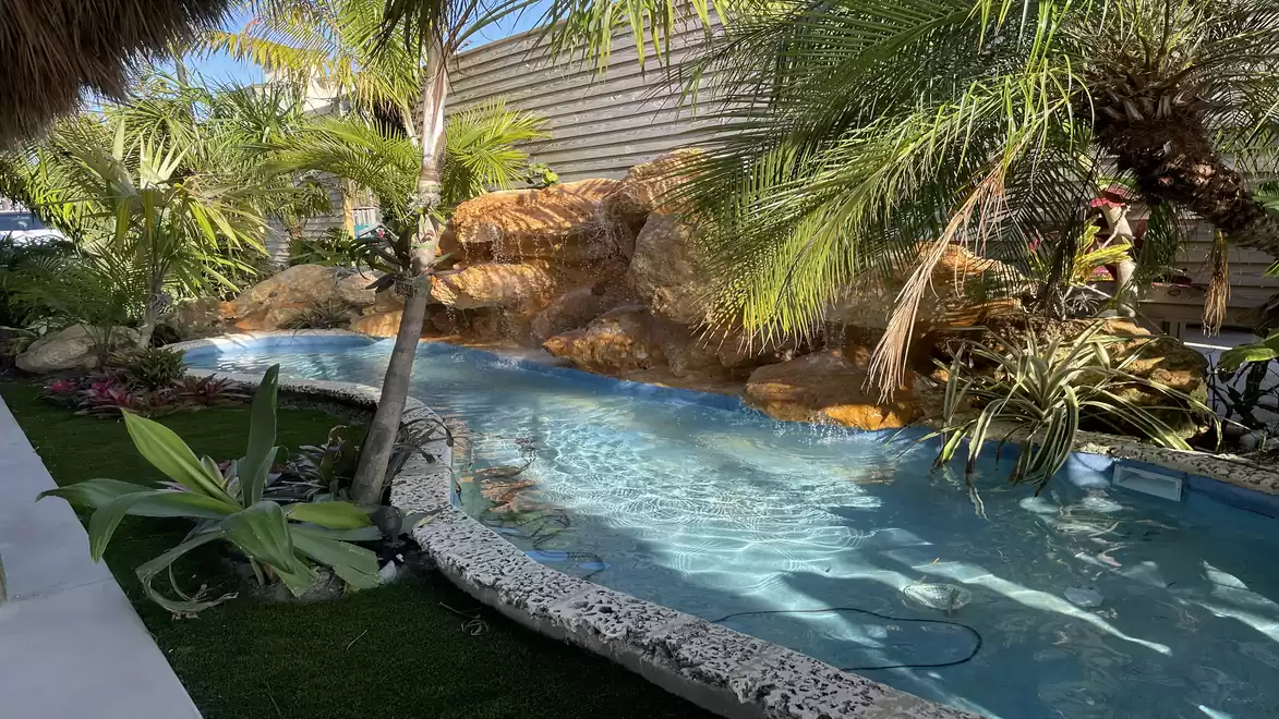 Tropical pool with palm trees, waterfall, and lush greenery.
