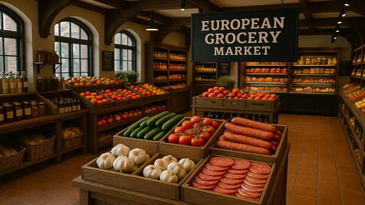 Image of a traditional European grocery store with fresh fruits and vegetables, including apples, oranges, and zucchinis, displayed on wooden stands.