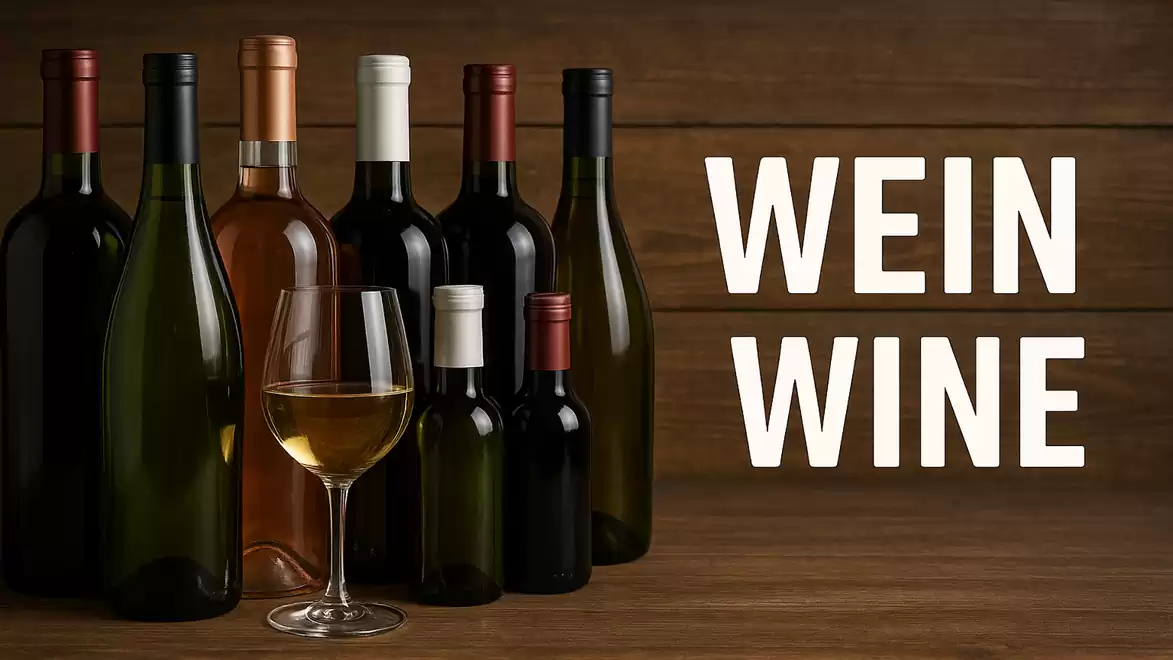 Assorted wine bottles and a glass of white wine against a wooden background with the words 'Wein' and 'Wine'.