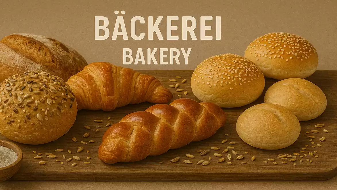 A selection of baked goods on a wooden board, including bread, a croissant, buns, and a braid, with the text 'Bakery' in the background.